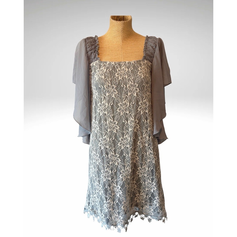 A Reve Grey Lace Shift Dress Flowy Flutter Sleeves Boho Romantic Shabby Chic SM